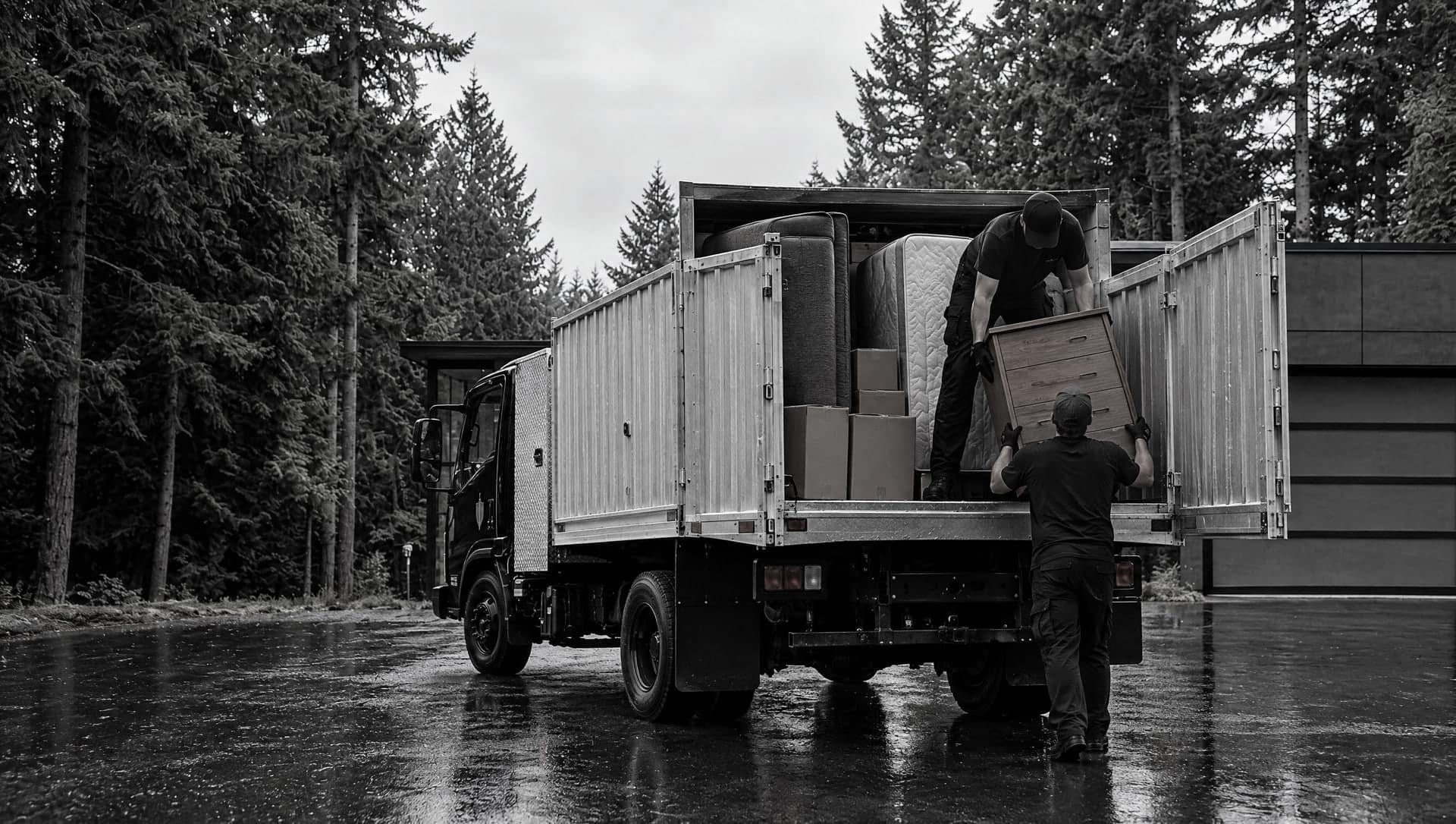 Two crew members loading a wooden dresser through the open rear doors of an aluminum dump bed, one handing it up to the other.