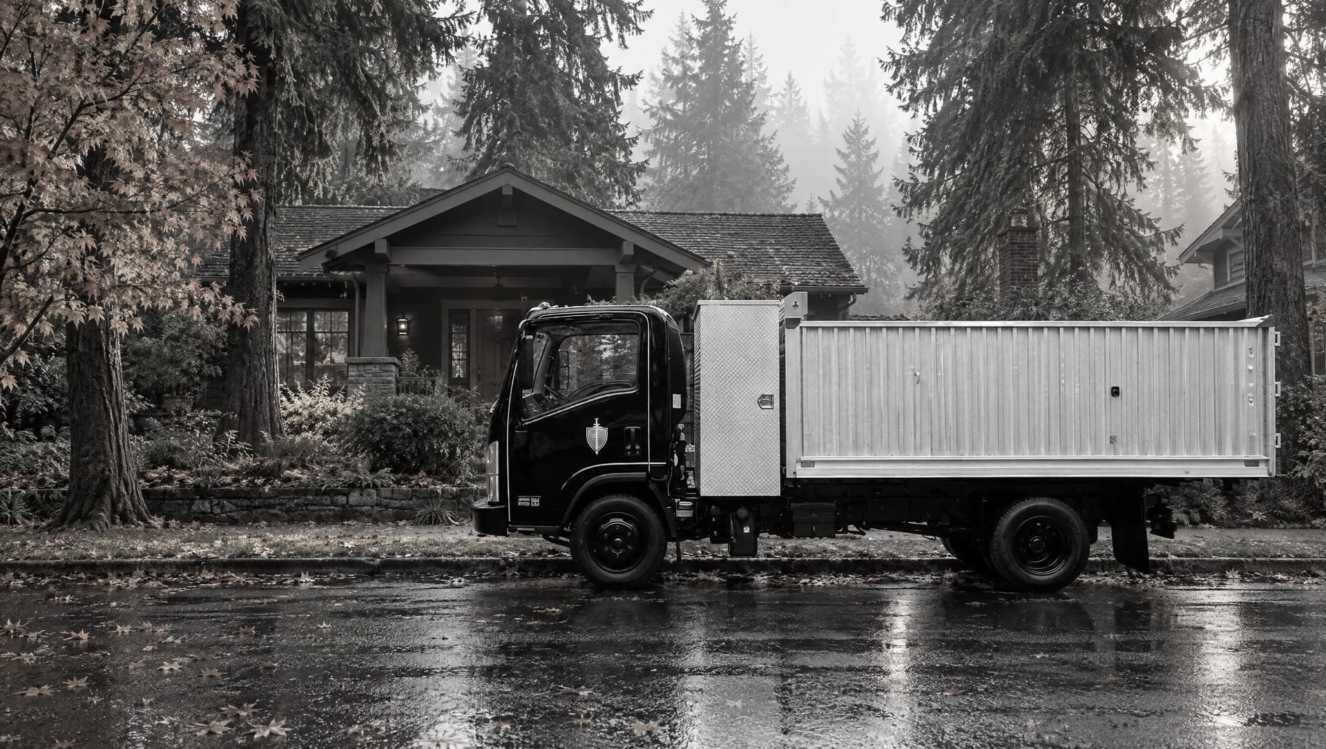 A black junk removal truck with an aluminum body parked outside a house on a misty morning.