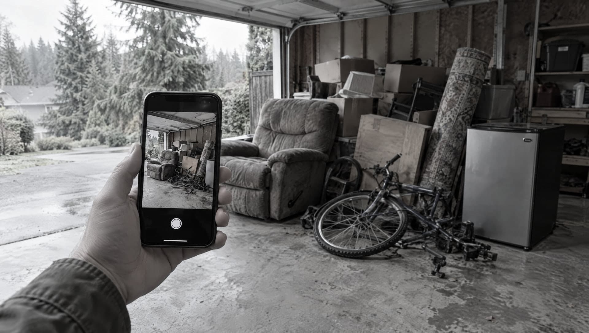 A hand holding a phone up to photograph a pile of furniture, boxes and a bicycle in an open garage.